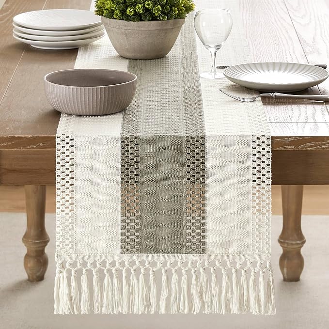 Macrame Style Bicolor Stitching Table Runner 14x60in Dark Sage | Woven Boho - Image 2