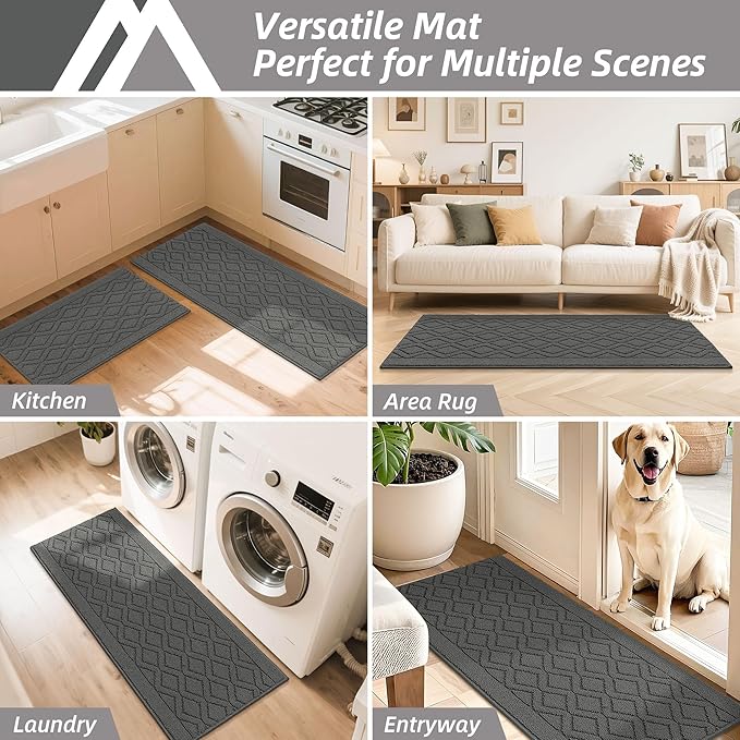 COSY HOMEER 60x24Inch/35X24Inch Kitchen Rugs Sets Non-Slip Washable Kitchen Mats for Floor Polypropylene Absorbent Kitchen Runner for Kitchen Sink Hallway Entryway(Grey)
