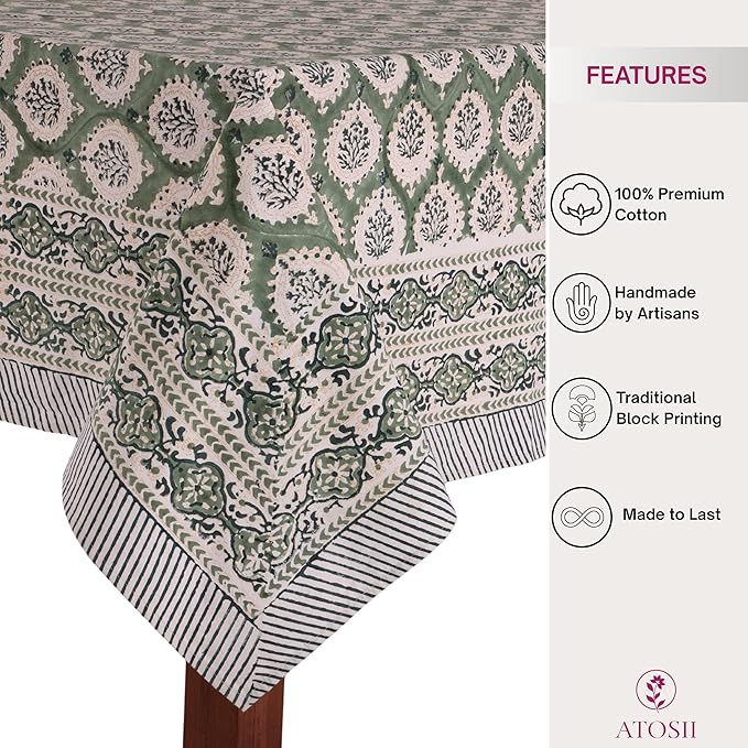 ATOSII Kari Green 100% Cotton Square Boho Summer Tablecloth, Block Print Floral Table Cloth Linen for Dining, Parties, Wedding, Outdoors Home Decor 60 X 60 Inches I 4 Seater I
