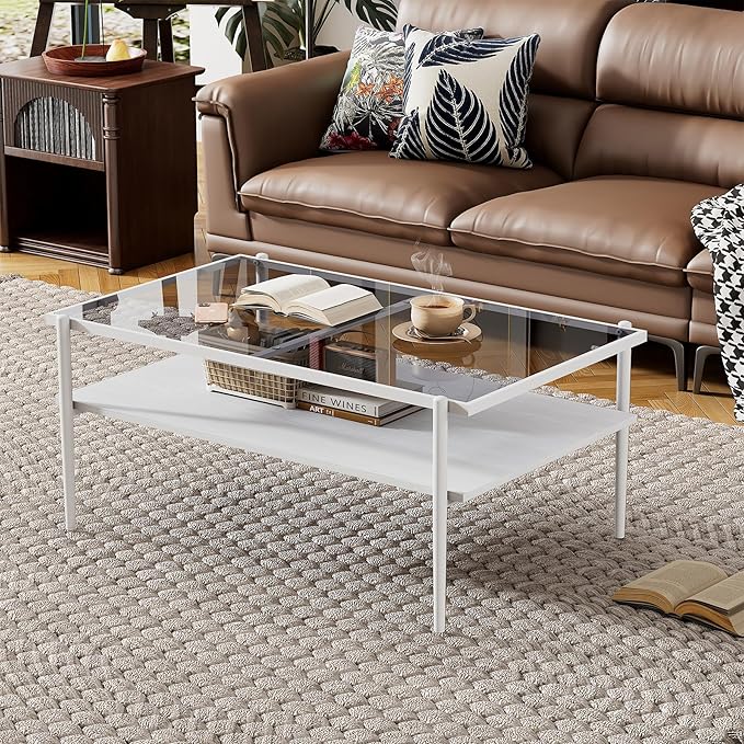 Mid Century Modern 2-Tier Coffee Table with Gray Tempered Glass Top & Wood Storage Shelf – Space-Saving Center Table for Living Room, Apartment & Small Spaces (White)