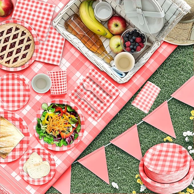 180Pcs Red Gingham Party Supplies Paper Plates and Napkins Serve 60 | - Image 4