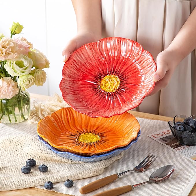 8-Inch Ceramic Dinner Plates, Set of 3 for Salad Dessert Appetizer Pasta | Decorative Plates for Home Decor, Jewelry Trays, Floral Design in Blue Pink Orange