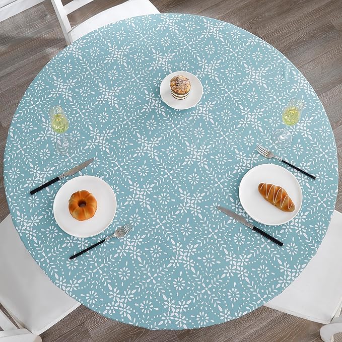 Walrus Round Vinyl Fitted Tablecloth with Flannel Backing Elastic Edge Design Table Cover Waterproof Oil-Proof PVC Table Cloth Stain-Resistant Best for 45"-56" Round
