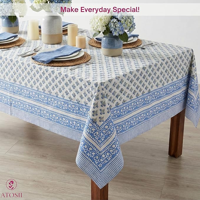 ATOSII Gulbahar Blue 100% Cotton Fall Rectangle Tablecloth, Handblock Print Floral Table Cloth for Kitchen Dining Linen I Thanksgiving Christmas Weddings Outdoors I 72 X 120 Inches I 10 Seater