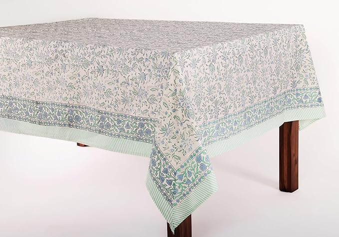 ATOSII Aster Blue 100% Cotton Rectangle Boho Fall Tablecloth, Handblock Floral Table Cloth Linen for Kitchen Dining I Parties Wedding Outdoors Christmas Thanksgiving I 72 X 120 Inches I 10 Seater