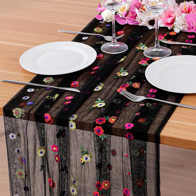 BINBE 3pcs Black Daisy Spring Table Runner Embroidery Gauze 10FT Florals by BINBE