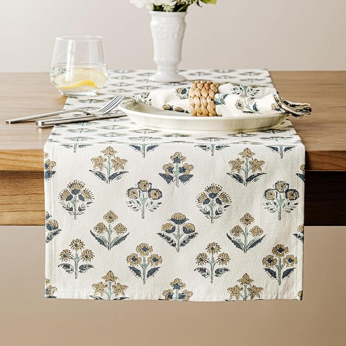 Block Print Floral Decorative Table Runners, 13x60 Inch Latte | 100% Organic by Unknown