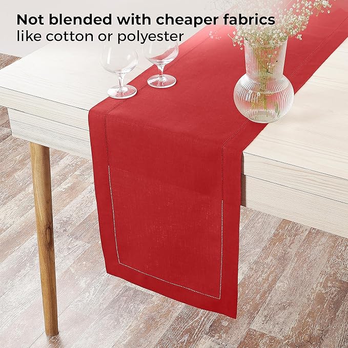 D'Moksha Homes Linen Bright Red Table Runner 72 Inches Long - 100% Pure Linen Hemstitch Table Runner 14 x 72 Inch for Dresser, Dining, Valentines, Spring, Easter - Classic Hemstitch