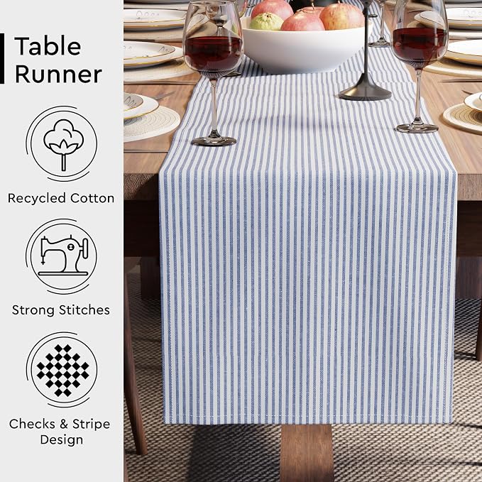 Encasa XO Table Runner, Woven Cotton Dining Runner 13"x59" | Ticking Navy Blue - Image 3