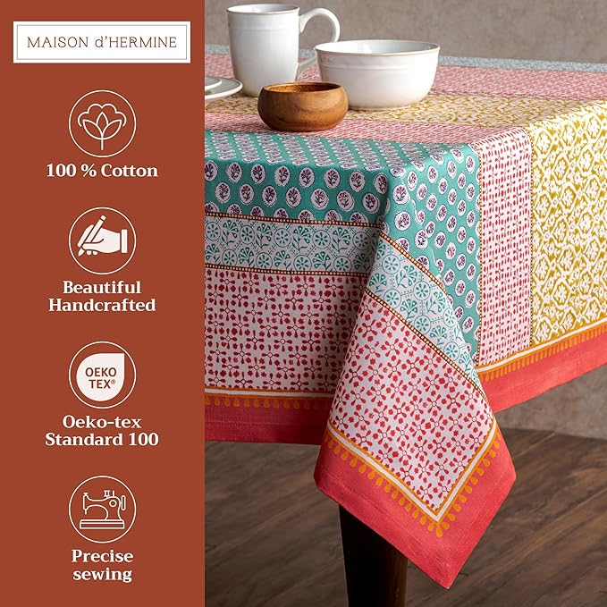 Maison d' Hermine Table Cloth Square Table 100% Cotton 60 x 60 Inches Tablecloth Reusable Decorative for Dining Room Farmhouse Home Valentines Day Decorations Spring Summer - Provence