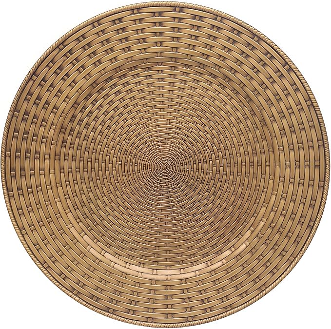 13 Inch Antique Gold Charger Plates Set of 6 Round Plastic Plates Matte Finish Faux Rattan Woven Texture Charger plates for Wedding Party Christmas (262)