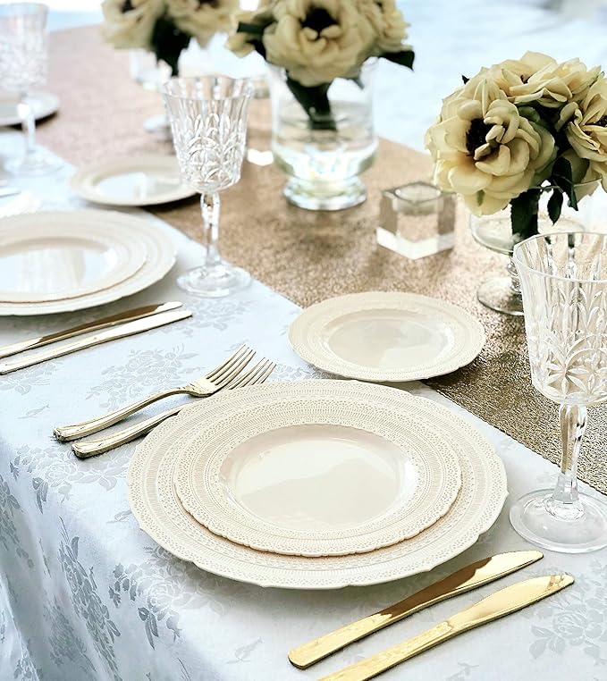 OCCASIONS 80 Plates Pack (40 Guests), Heavy Duty Fancy Ivory Plastic Wedding Plates, 40x11" Dinner + 40x8.25" Salad/Dessert, Disposable Reusable Elegant Vintage (Chateau Ivory)