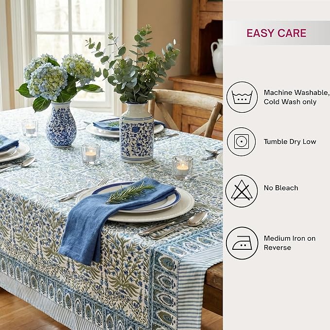 ATOSII Nargis Blue 100% Cotton Rectangle Summer Tablecloth, Indian Block Print Floral Table Cloth I Dining Parties Weddings Outdoors Holidays 60 X 60 Inches 4 Seater I Grandmillennial Farmhouse Boho