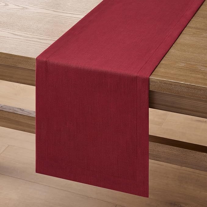 Linen Textured Border Table Runner, 14 x 108 Inch Red | Mitered Corner Design - Image 7