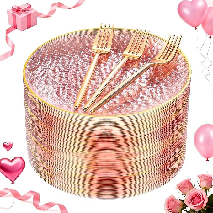 DaYammi 240Pcs Pink Plastic Plates Including 120Pcs Pink Dessert Plates and 120Pcs Gold Plastic Forks,Hammered Party Plate,pink and Gold Appetizer plates Heavy duty Disposable Cake Plate for Party