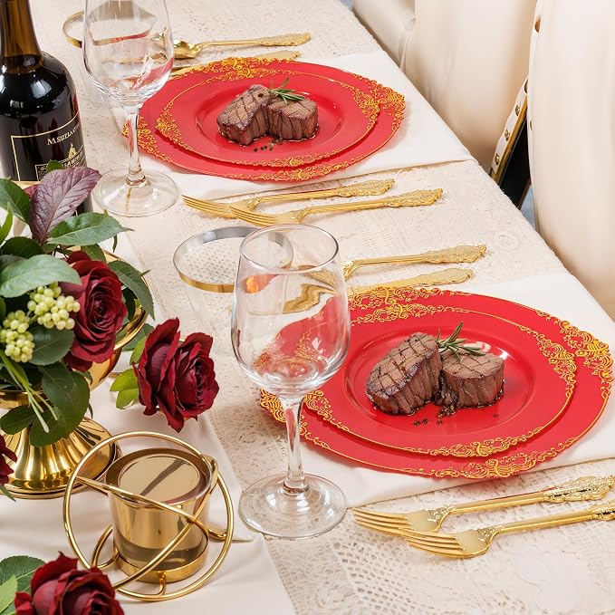Nervure 350Pcs Red Plastic Plates, Disposable Dinnerware Set - Image 6