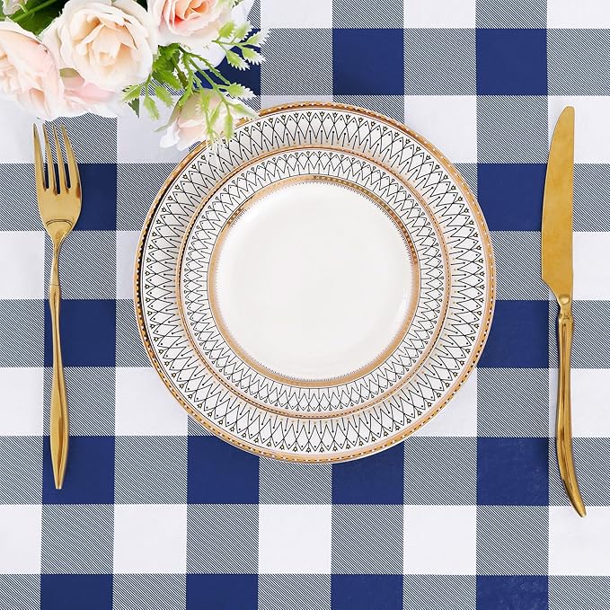 misaya Square Waterproof Vinyl Table Cloth, Buffalo Flannel Backed Tablecloth, Wipeable Plastic Table Cover for Dinner, Kitchen, Outdoor (60" X 60", White and Navy)