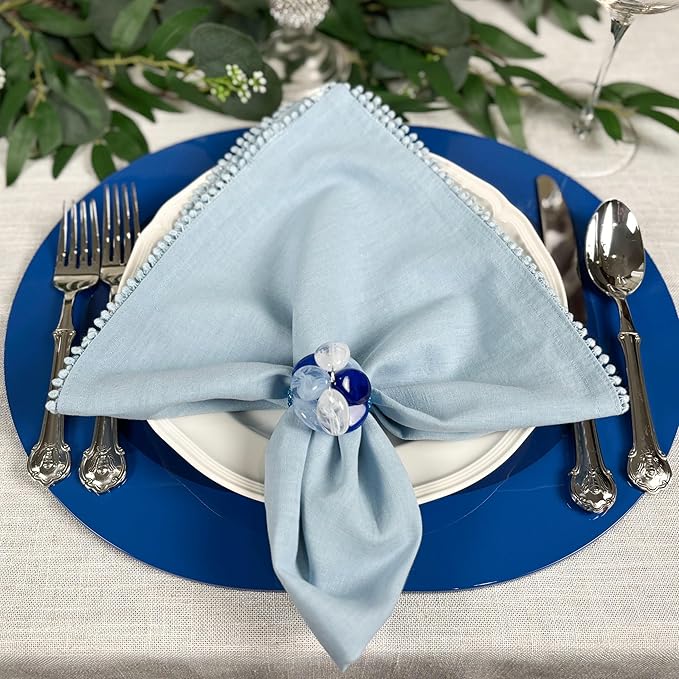 Beaded Pebble Stone Napkin Rings – Handcrafted Acrylic Holders with Natural Coastal Look – Elegant Table Decor for Modern, Ester, Spring, Wedding, or Gift - Set of 4, Blue