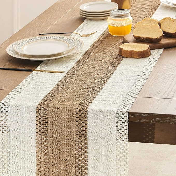 Macrame Style Bicolor Stitching Table Runner 14x108in Brown | Woven Boho Table - Image 5