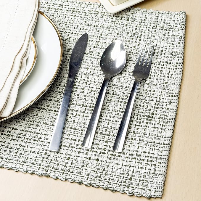 Cotton Placemats Set of 4, 13x19 Inch, Neutral Green Ivory | Washable Woven - Image 3