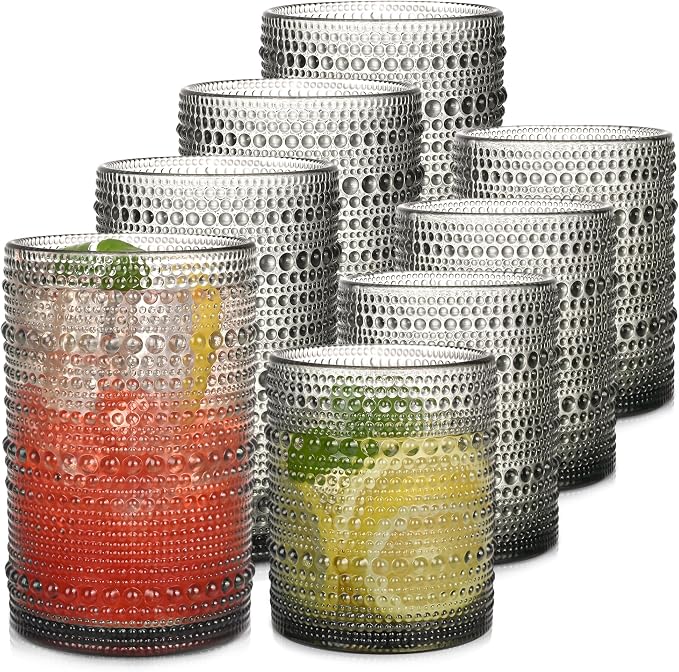 Gray Hobnail Drinking Glasses Set of 8，15 oz Vintage Highball Glassess & 12 oz by JPPSUJJ