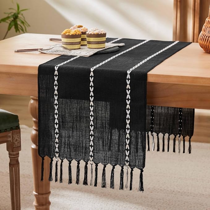Braided Farmhouse Table Runner, Braided Black 13x90 Inch, Cotton Linen Table by Unknown