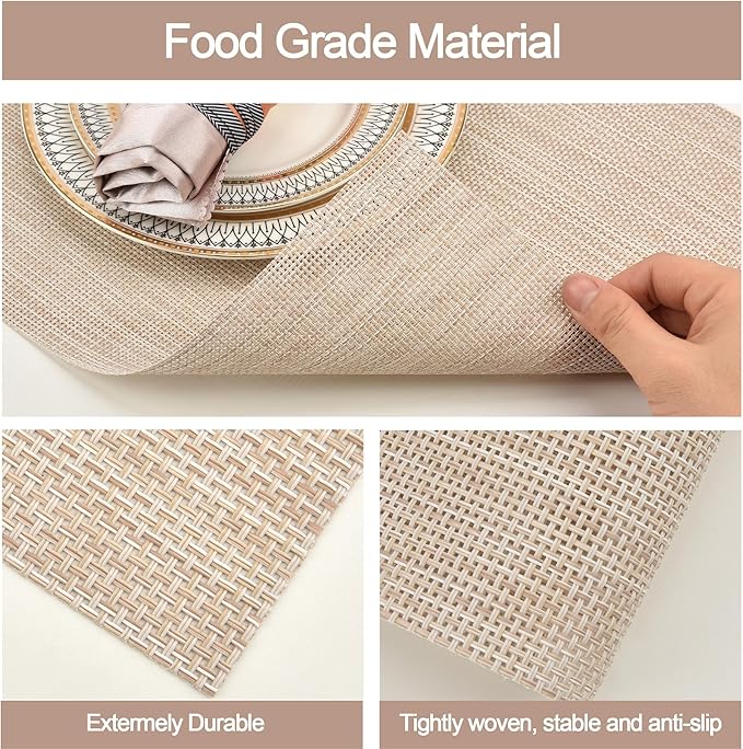 SLKQG Placemats Set of 4 - Easy Clean Washable Vinyl Placemats - Wipeable Heat Resistant Table Mats for Dining Table - 17.7x11.8 Inch (4, Beige)