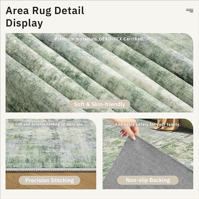 3x5 Rug, Abstract Small Area Rug for Kitchen, Entryway, Machine Washable Non-Slip Throw Rug, Vintage Carpet for Nursery Coffee Table Green Ivory