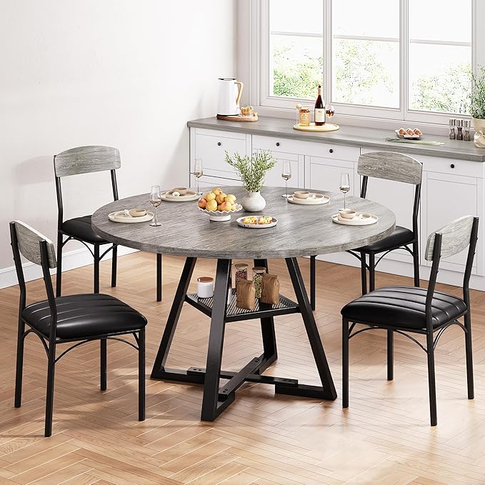 Round Dining Table Set for 4, Kitchen Table and Chairs for 4, Circle Table Round Pedestal Dining Room Dinner Dinette Table Set,5 Piece Space Saving Wood Kitchen & Dining Room Tables (Grey, 47In)