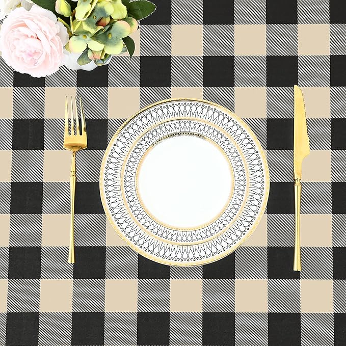 misaya Rectangle Waterproof Vinyl Table Cloth, Buffalo Flannel Backed Tablecloth, Wipeable Plastic Table Cover for Dinner, Kitchen, Outdoor (60" x 120", Black and Beige)