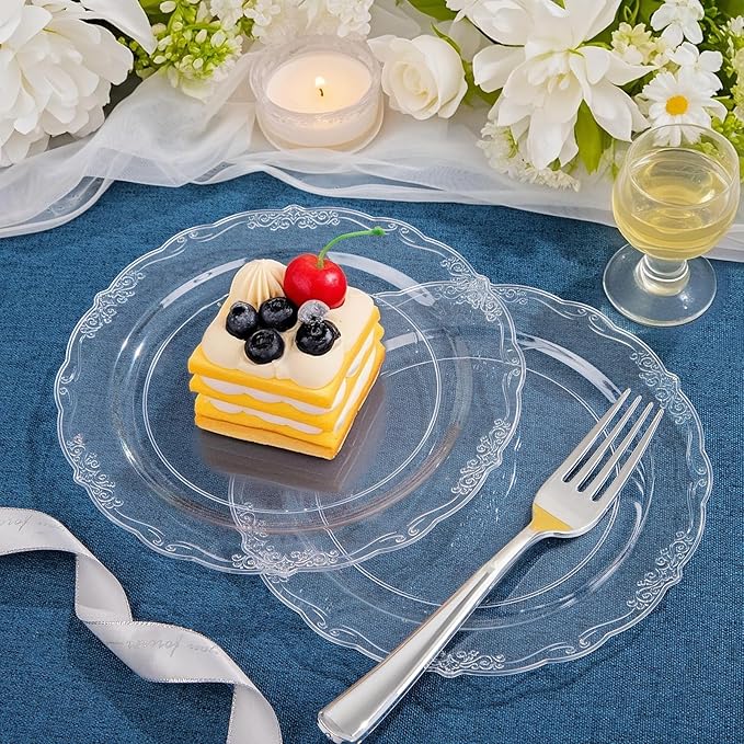 DaYammi 60PCS Clear Plastic Plates Heavy Duty Clear Disposable Plates 7.5” Fancy Dessert Plates Small Cake Plates Appetizer Platos Hard Round Plastic Platos Disposable for Wedding and Party