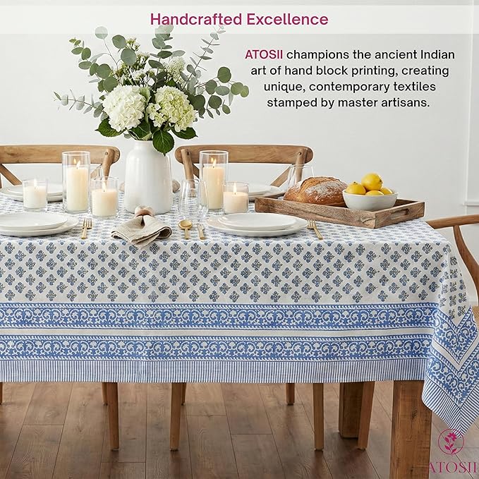 ATOSII Gulbahar Blue 100% Cotton Fall Rectangle Tablecloth, Hand Block Print Washable Table Cover, Christmas Parties Buffet Dining, Weddings, Thanksgiving Easter Home Decor, 60 X 90 Inches 6 Seater