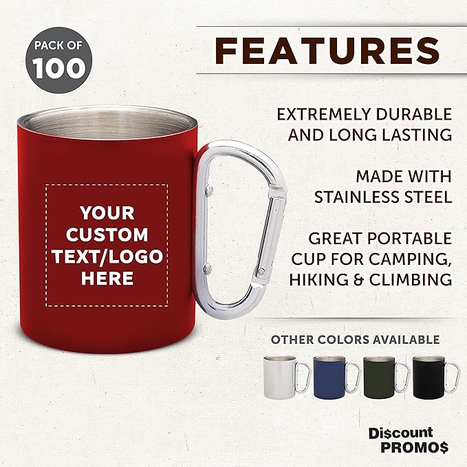 Custom Stainless Steel Mugs with Carabiner Handle 10 oz. Set of 100, Personalized Bulk Pack - Perfect for Coffee, Soda, Other Hot & Cold Beverages - Red