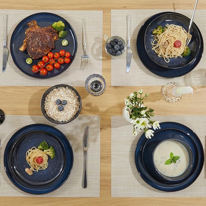 Plates and Bowls Sets, 16 Pieces Dinnerware Set for 4 with Pasta Bowls, Handmade Dishes Set, Chip Resistant Dishware Sets, Microwave Safe Dinner Set, Designed for Interactive Meals, Starry Blue