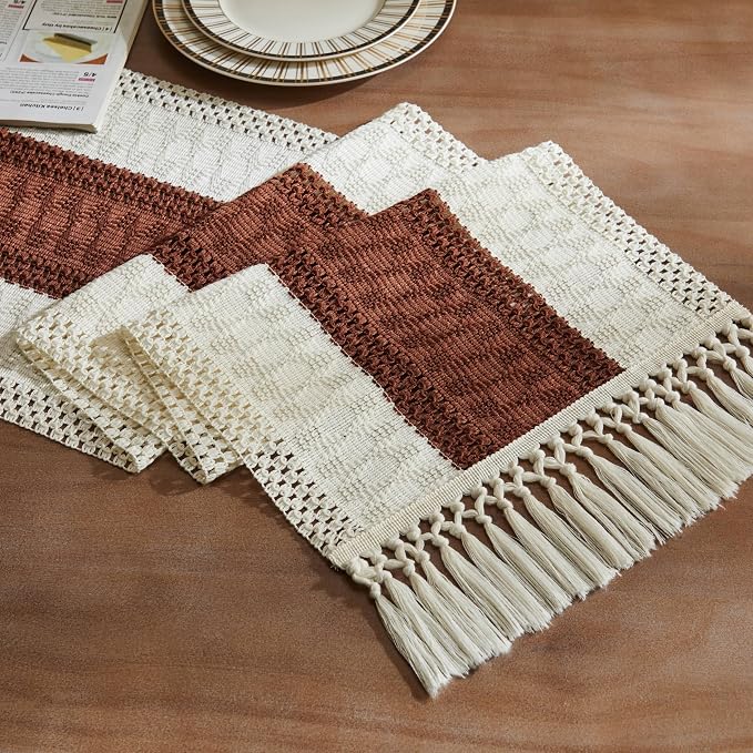 Macrame Style Bicolor Stitching Table Runner 14x90in Terracota | Woven Boho by ZEEMARTONLINE