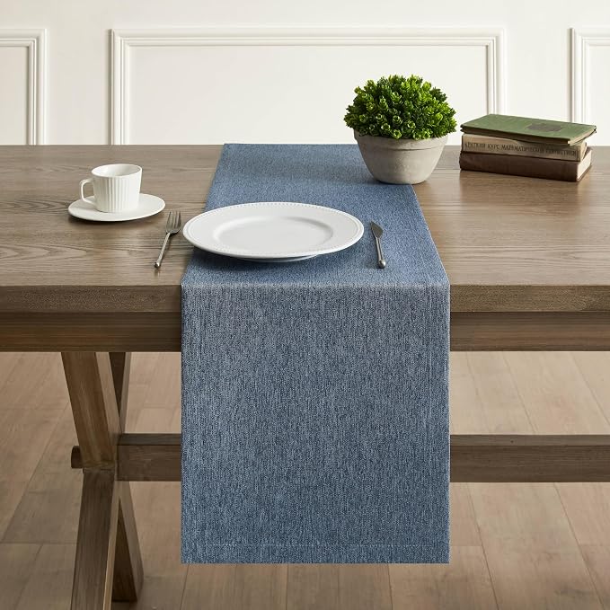 Basic Linen Style Table Runner, 14x36 Inch Navy Blue | Mitered Corner Design - Image 2