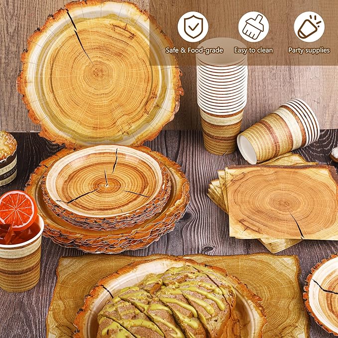 Kochorie 96 Pieces Camping Wood Grain Slice Tableware Set Rustic Wood Party Supplies Including Paper Plates Cups Napkins Serves 24 Guests for Hunting Baby Shower Lumberjack Birthday Party