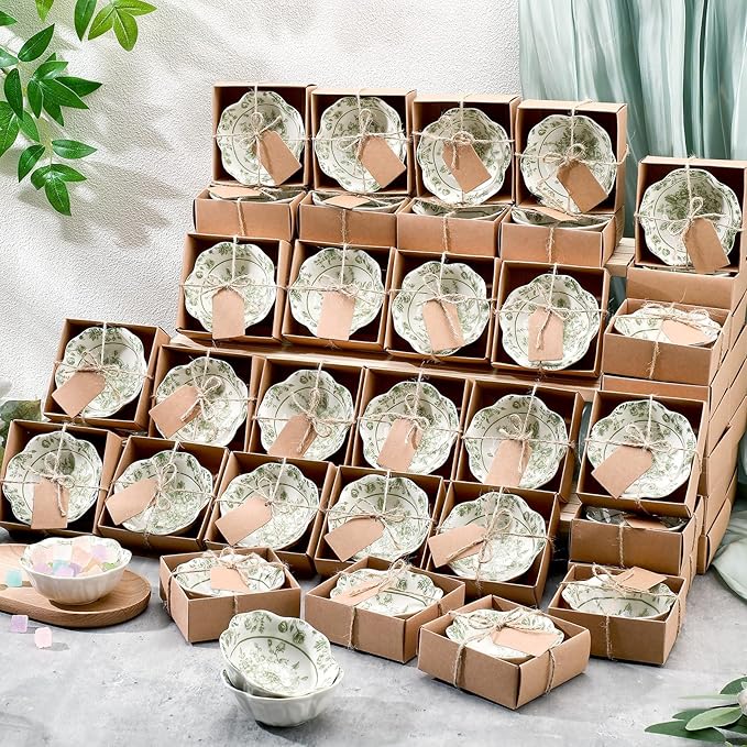 48 Pcs Wedding Favors for Guests Small Ceramic Bowl Bulk Gifts Set 3.3 Inch Floral Design Mini Dipping Sauce Dish with Card Box for Bridal Pooja Baby Shower Birthday Guest Gift (Sage Green)