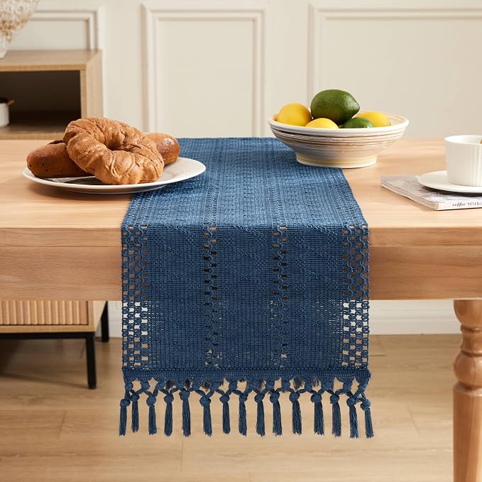 Macrame Style Boho Table Runner, 12x48 Inch Dusty Blue | Woven Boho Table Runner - Image 2