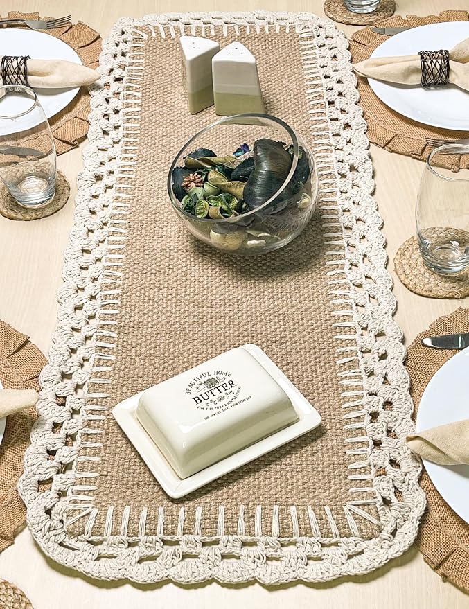 Woven Jute with Ivory Handcrafted Crochet Border Decorative Table Runner - Image 3
