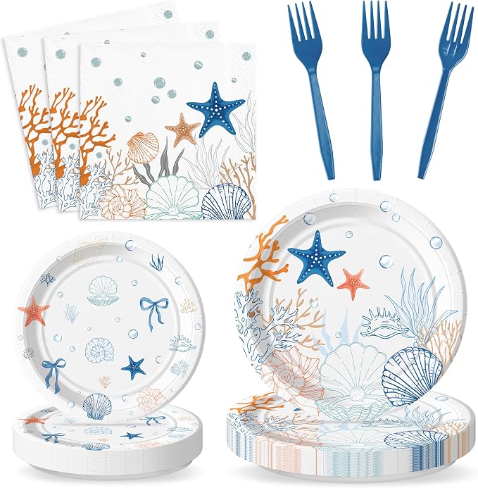 96Pcs Ocean Seashell Starfish Coral Beach Party Plates Supplies | Blue Coastal by G1ngtar