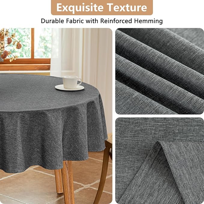 Fabric 60 Inch Grey Round Table Cloth Faux Linen Textured Stain Resistant & Reusable Circle Tablecloth Spill Proof for Dining Kitchen Patio