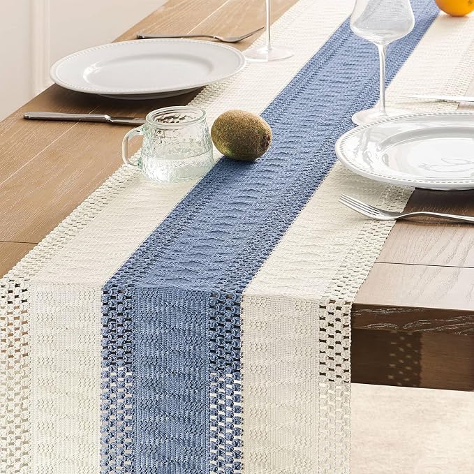 Macrame Style Bicolor Stitching Table Runner 14x48in Blue | Woven Boho Table - Image 5