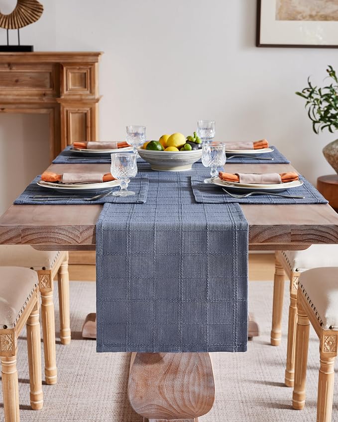 Linen Checked Farmhouse Table Runner, 13x72 Inches Blue | Raised Grid Design - Image 2
