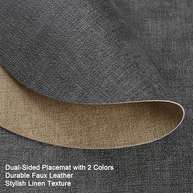 Placemats and Coasters, Washable Reversible Placemats Round Faux Leather Wipeable Place Mats Non Slip Heat Resistant Indoor Outdoor Table Mats (Set of 6, Gray Beige)