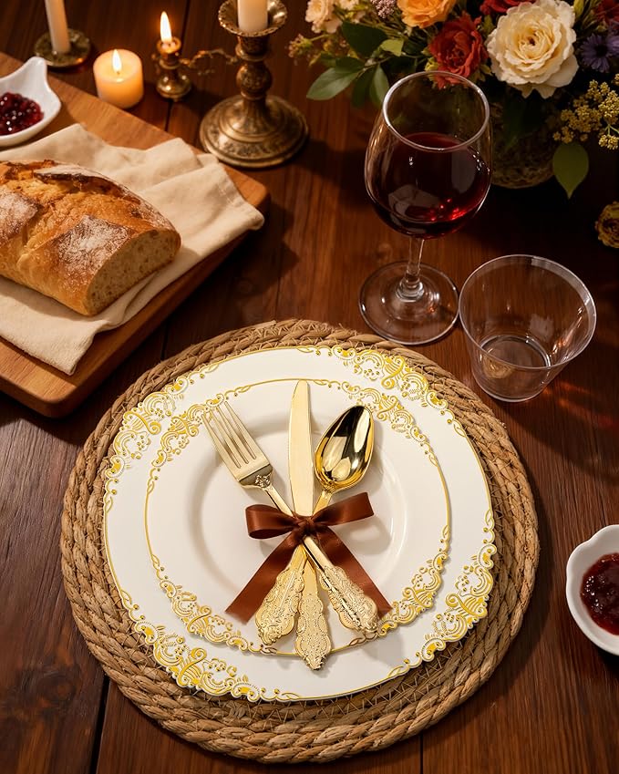 Nervure 350Pcs Ivory Plastic Plates, Plastic Dinnerware Set - Image 5