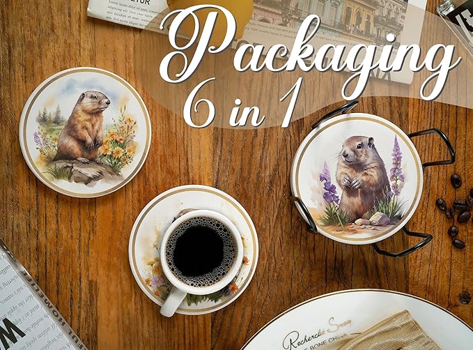 Onebttl Groundhog Gifts Coaster, Home Decor for Women, Moving, Housewarming, Set of 6, Ceramic, Absorbent with Cork Base