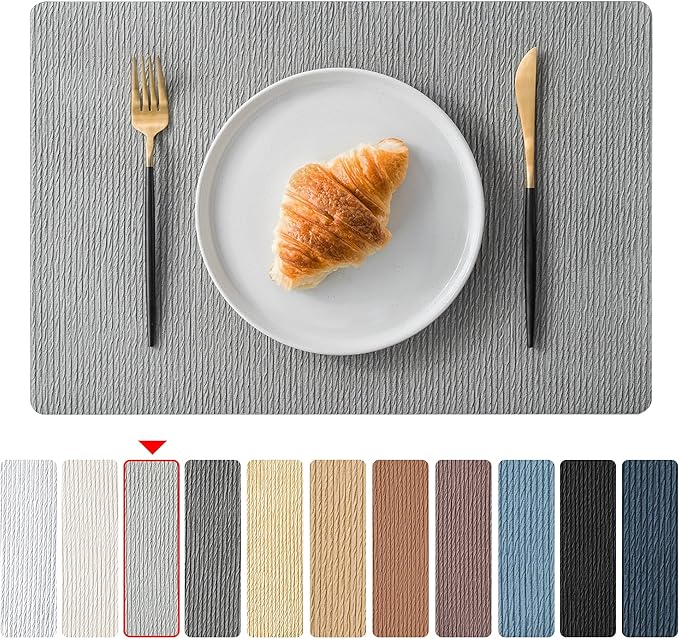 Jovono Faux Leather Placemats Set of 8, Waterproof Washable Table Mats, Easy-Clean Heat Resistant Kitchen Vinyl Place Mat for Dining Table, Restaurant, Indoor, 17.8"x11.8", Light Gray