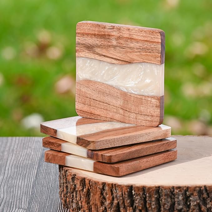 Resin Coasters - Modern Elegant Epoxy Coaster Set with Holder for Office or Bachelor Pad