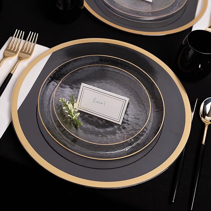 PLASTICPRO 128 Piece Combo Plates Set includes 64 7'' inch Plate & 64 9'' inch Plates Clear Plastic Organic hammered Design Party With Gold Rim,heavyweight Elegant, Dishes,